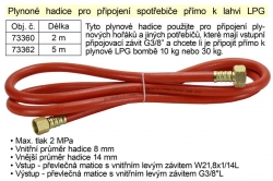 Hadice pro plynové hořáky délka 5m pro připojení přímo k lahvi LPG plynu 